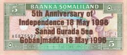 Somaliland 5 Shillings, P-8 (18.5.1996) - UNC - Bronze Overprint  - 5 Years Somaliland - Somalia