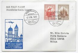 1958 - DANMARK - ENVELOPPE 1° LIAISON AERIENNE SAS De COPENHAGEN => KUALA LAMPUR (MALAYA) - Airmail