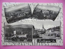 Germany: ZSCHOPAU - Panorama, Oberschule, Schloß Wildeck, Markt - Eilboten / Eilsendung Expres Postcard Sent 1966 - Zschopau