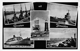 9073 " GROETEN UIT YMUIDEN "5 VEDUTE-FARO-MOTONAVE-PORTO-UFFICIO PORTUALE-MOLO -CARTOLINA POSTALE ORIGINALE SPEDITA - Souvenir De...