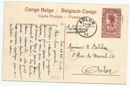 C.P. Type Mols 10c Carmin (recto = Vue De Kabinda , Katanga), Vers Arlon - Entiers Postaux