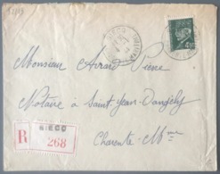 France N°521B Seul Sur Enveloppe Recommandée De SIECQ, Charente Maritime 4/1/44 - (B2966) - Guerre De 1939-45