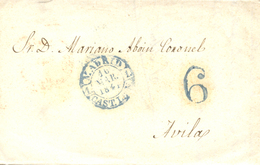 D.P. 1. 1844 (16 MAR). Carta De Madrid A Ávila, Fechador Nº 19A Y Porteo "6", Ambos En Azul Aceitoso. Preciosa. - ...-1850 Vorphilatelie