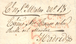 D.P. 1. 1838 (29 MAY). Carta De Villatobasa A Madrid. Marca "CaNa/OCAÑA" Nº 4 En Rojo De Ocaña. Porteo "5" Ctos. En Rojo - ...-1850 Vorphilatelie