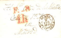 D.P. 1. 1849 (25 FEB). Carta De Villatobas A Madrid. Fechador Nº 5R Oxidado. Porteo "1R" En Rojo De Madrid. Preciosa Y R - ...-1850 Vorphilatelie