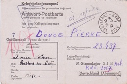 CARTE REPONSE MILITAIRE DURANT GUERRE 1942 - PRISONNIER N° 23.437 CAMP STAMMLAGER XII B  KDO 1067 - DOUCE PIERRE - 1939-45