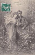 Tres Belle Illustration Wichera Joyeuses Paques Jeune Couple Amoureux Entant Dans Un Jardin Fleuri 1910 - Wichera
