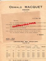 80- AMIENS- RARE LETTRE OSWALD MACQUET -TARIF ARTICLES TRAVAIL  TAILLES 38 A 52-  1930 - Kleding & Textiel