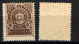 ITALIA LUOGOTENENZA - 1945 - RECAPITO AUTORIZZATO - 40 C. - MNH - Servicio Privado Autorizado