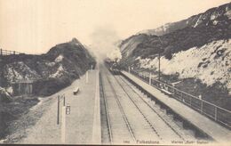 Old Postcard : "Folkestone, Warren Halt Station" Kent  With Steam Train Approaching From  Folkestone Towards Dover - Folkestone