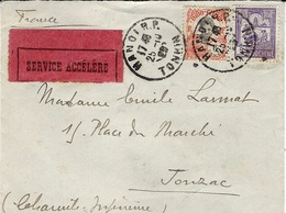 1929- Enveloppe D'HANOI  Pour Jonzac ( France )  étiquette SERVICE ACCELERE Rouge - Affr. 11 Cents - Lettres & Documents