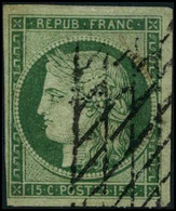 Oblit. N°2 15c Vert, Signé  JF Brun - TB - 1849-1850 Cérès