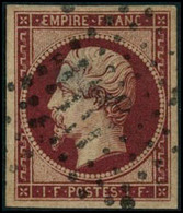 Oblit. N°18 1F Carmin, Infime Pelurage Au Verso  - B - 1853-1860 Napoleon III