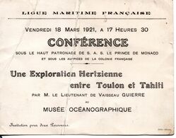 MONACO INVITATION TAHITI TOULON LIGUE MARITIME FRANCAISE INVITATION MUSEE OCEANOGRAPHIQUE - Eintrittskarten