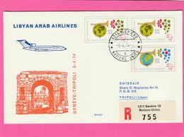 Nations Unies Genève - First Flight Libyan Arab Airlines Genève-Tripoli 03/04/1974 - Storia Postale