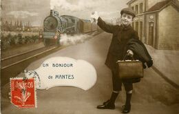 Mantes * Carte Photo * Un Bonjour De La Commune * Gare Train Locomotive - Mantes La Ville