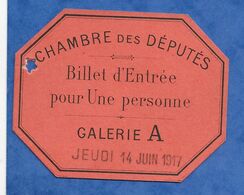 Ticket D' Entrée Billet Séance Assemblée Nationale Chambre Des Députés 1917 Député Villault Duchemin Porteur Boudillet - Tickets - Vouchers