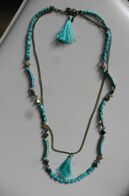 Neuf - Collier Etam Perles Ethniques Turquoise Et Mordoré Chaîne Et Pompons - Halsketten