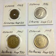 Spain , Used Coins , 50 Centimos 1949 Km 777 , 5 Pesetas 1984 Km 823 , 100 Pesetas 1995 Km 950 , 100 Pesetas 1998 Km 989 - Otros & Sin Clasificación