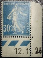 N° 192 Rare Semeuse 30c. Bleu. Neuf* (MLH). Coin Daté Du 12/11/1925. TB - ....-1929