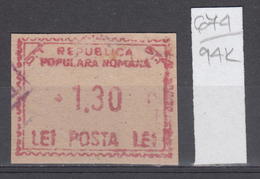 94K674 /  Machine Stamps (ATM) - 1.30 Lei - Republica Populara Romana , Romania Rumanien Roumanie Roemenie - Machines à Affranchir (EMA)