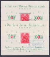 Hungary 1938 Mi#Block 2 Mint Hinged, Two Examples With Two Different Nice Postmarks - Ungebraucht