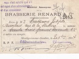 DDX 735 - BRASSERIE Belgique - Reçu De La Brasserie Renard à MONTIGNIES Sur Sambre Vers AUVELAIS - TP FIne Barbe 1904 - Bières