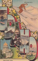 Idaho Large Letter Greetings, Skiing State Capitol Building, C1930s/40s Linen Postcard - Altri & Non Classificati