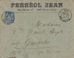 HAUTES ALPES - GAP - SAGE 15c SUR LETTRE ENTETE FERREOL JEAN RUE CARNOT GAP - LE 30 NOVEMBRE 1900. - 1877-1920: Periodo Semi Moderno