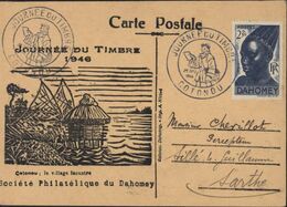 CP Journée Du Timbre 1946 Société Philatélique Dahomey YT 137 CAD Illustré Bleu Journée Du Timbre Cotonou Voyagée - Cartas & Documentos