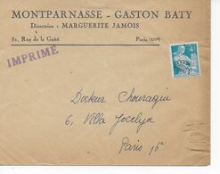 Lettre "IMPRIME" à En-tête Du Théâtre MONTPARNASSE - GASTON BATY Affranchissement Préo Gerbe 4 Frs - Theater, Kostüme & Verkleidung