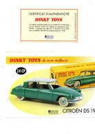 DINKY TOYS:  REF 24CP: CITROEN DS 19 - FICHE TECHNIQUE & CERTIFICAT D'AUTHENTICITE - Catalogues