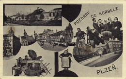 T2/T3 1938 Plzen, Pilsen; Multi-view Postcard, Tram, Drunk Men Humour, Montage (fl) - Sin Clasificación