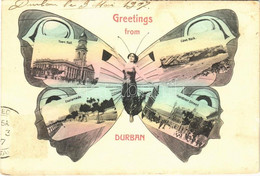* T2/T3 1907 Durban, Town Hall, Cave Rock, Esplanade, Gardiner Street. Montage With Art Nouveau Butterfly Lady, Art Post - Sin Clasificación