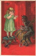 T2 1909 Krampus With Little Girl. M.S.i.B. 13732. Emb. Litho - Sin Clasificación