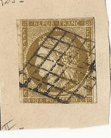 RARE : Timbre N°1 - 10 Cts Bistre Jaune - Oblitéré (grille De 1849) Avec Charnière - 1849-1850 Cérès