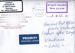 ! 22.8.2020 Germany Cover To Laos, Interruption Of Postal Service Corona COVID-19, Antwortschein, Reply Coupon - Laos
