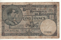 BELGIUM   5 Francs P108a   Dated  20-04-38    ( King Albert, Queen Élisabeth ) - 5 Francos