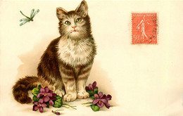 Chat & Libéllule * CPA Illustrateur * Fleurs - Katzen