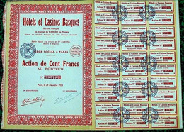 ACTION AU PORTEUR * HOTELS ET CASINOS BASQUES * 1928 - Tourismus