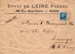 Semeuse 30c Surchargée 25c Au Départ De Rouen - Lettres & Documents