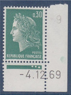 Marianne De Cheffer 30c Vert Typographié N°1611 Avec Coin Daté 4.12.69 Neuf - 1967-1970 Maríanne De Cheffer