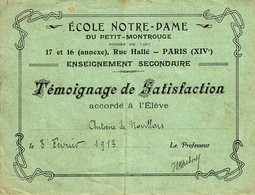 ECOLE NOTRE DAME  PARIS -  Diplôme De Témoignage De Satisfaction - Diploma & School Reports