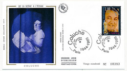 FRANCE =>  FDC/ Soie - "De La Scène à L'écran" - Coluche - 17 Sept. 1994 - 1990-1999