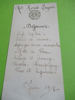 Menu Ancien   /Déjeuner / Mademoiselle Renée LEGROS/1912   MENU306 - Menú