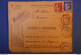 529 FRANCE  1937 VALEUR A RECOUVRER MAYENNE A COMMER RECOMMANDé AFFRANCHISSEMENT INTERESSANT - Storia Postale