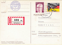 Eingedruckter R-Zettel,  54 Koblenz 1 ,  Nr. 889 Ub " Ss ",Grundgesetz Karte - R- & V- Labels