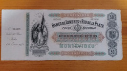 BILLETE DE URUGUAY DE 50 PESOS DEL AÑO 1872 BANCO LONDRES Y RIO DE LA PLATA - CON MATRIZ  (BANKNOTE) - Uruguay