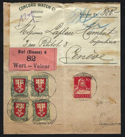 SUISSE 1919: Grand Fragment "Valeur Déclarée" De Bienne Pour Genève Avec 4x Le ZNr.J15 Et ZNr.126II, Obl. CAD - Storia Postale