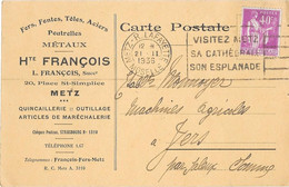 METZ (57) Carte Commerciale Publicitaire Fers Fontes Toles Aciers FRANCOIS Place Saint Simplice - Metz